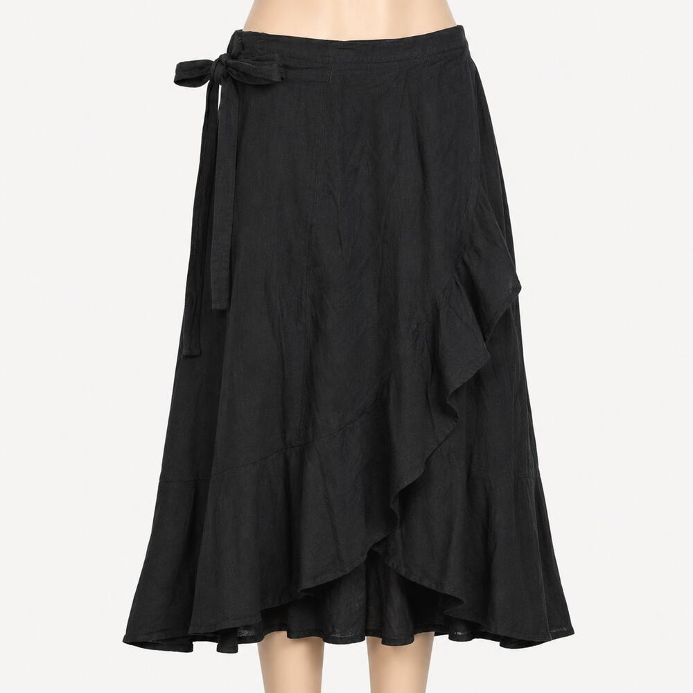 Lucky Brand Black Wrap Midi Skirt Women's Large L 100% Cotton Ruffle Hem